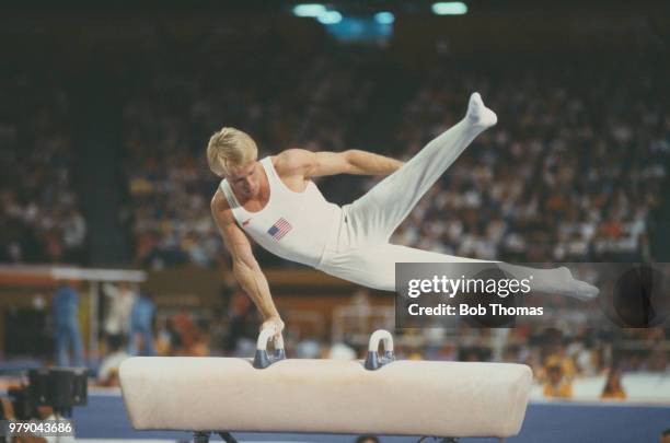 American gymnast Bart Conner pictured in action for the United States on the pommel horse during competition in the Men's individual all-around...