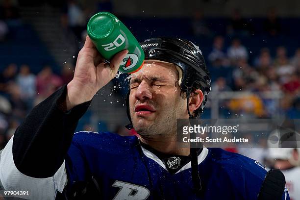 Zenon Konopka of the Tampa Bay Lightning cools off during pre-game skate against the Washington Capitals at the St. Pete Times Forum on March 20,...