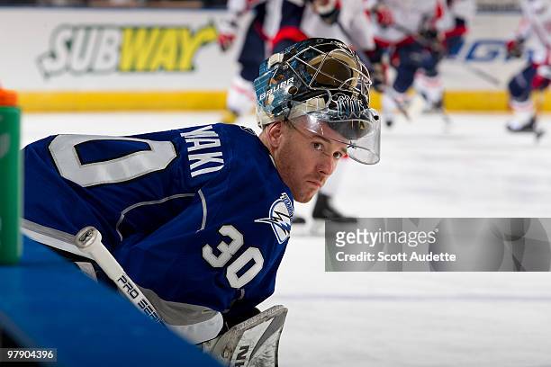 Antero Niittymaki of the Tampa Bay Lightning stretches during pre-game skate against the Washington Capitals at the St. Pete Times Forum on March 20,...