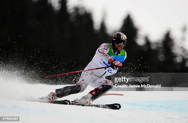 Lionel Brun of France competes in the Men's Standing Super Combined Slalom during Day 9 of the 2010 Vancouver Winter Paralympics at Whistler...