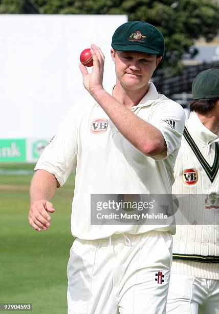 Doug Bollinger of Australia celebrates 5 wickets during day three of the First Test match between New Zealand and Australia at Westpac Stadium on...
