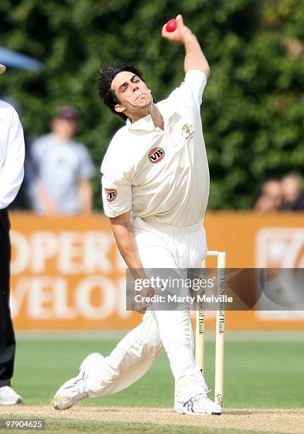 Mitchell Johnson of Australia bowls during day three of the First Test match between New Zealand and Australia at Westpac Stadium on March 21, 2010...