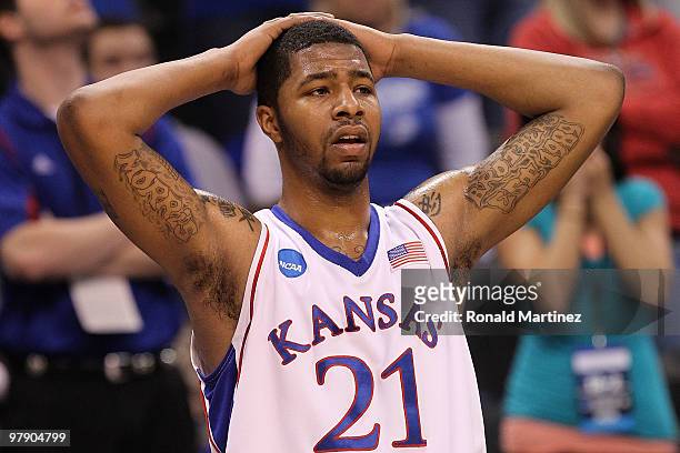 Markieff Morris of the Kansas Jayhawks looks on dejected against the Northern Iowa Panthers during the second round of the 2010 NCAA men's basketball...