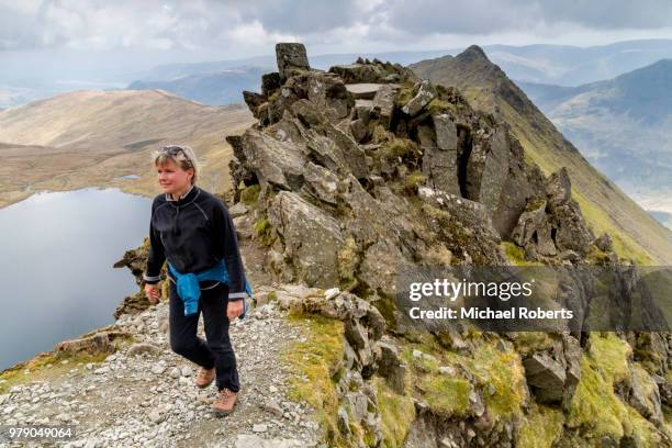 mature woman hiker on striding edge and helvellyn in the lake district national park - ambleside stock pictures, royalty-free photos & images