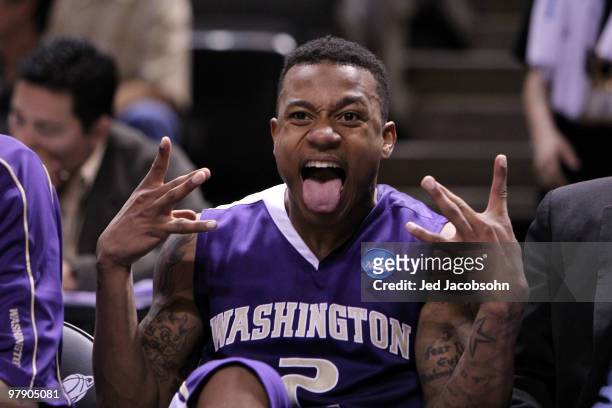 Guard Isaiah Thomas of the Washington Huskies reacts after a play during their 82-64 win over the New Mexico Lobos in the second round of the 2010...