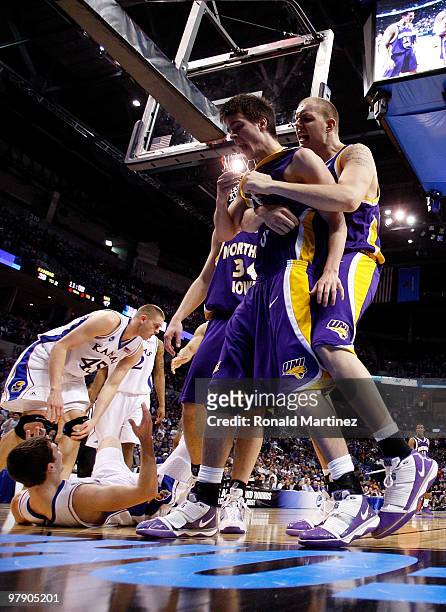 Kerwin Dunham and Jordan Eglseder of the Northern Iowa Panthers react against the Kansas Jayhawks during the second round of the 2010 NCAA men's...