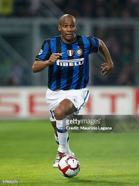 Douglas Maicon of FC Internazionale Milano is shown in action during the Serie A match between US Citta di Palermo and FC Internazionale Milano at...