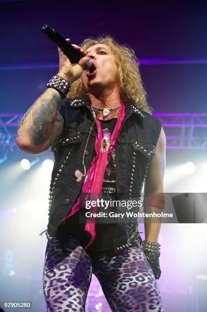 Michael Starr of Steel Panther performs at O2 Academy on March 20, 2010 in Sheffield, England.