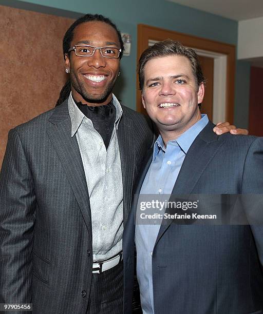 Player Larry Fitzgerald and Scott Walker attend the Celebrity Fight Night XVI Founder's Dinner held at JW Marriott Desert Ridge Resort on March 19,...