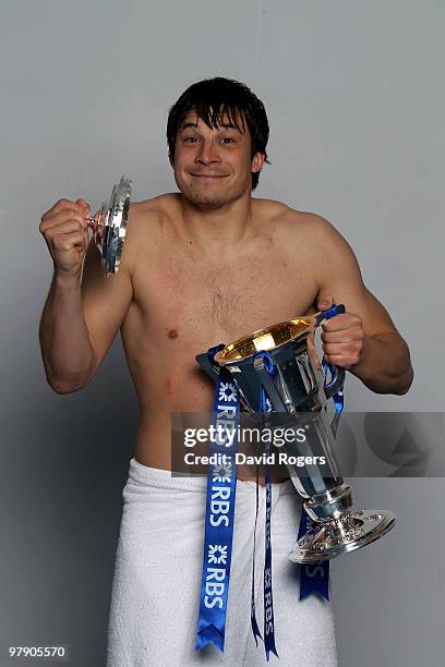 Flyhalf Francois Trinh-Duc of France celebrates with the trophy after winning the Grand Slam and Championship during the RBS Six Nations Championship...