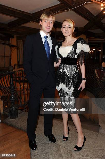 Eugeni Plushenko and Yana Rudkovskaya attend the 5th World Stars Ski Event held at Grand Hotel Sestriere on March 20, 2010 in Sestriere, Italy.