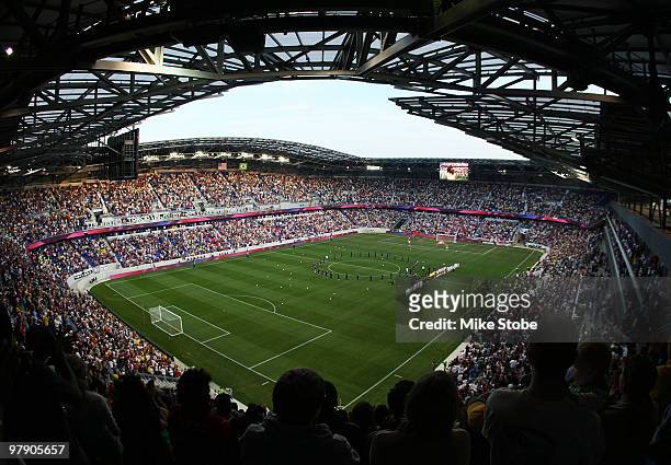 General view of the field as the New York Red Bulls play the Santos FC stand during the National Anthem on March 20, 2010 at Red Bull Arena in...