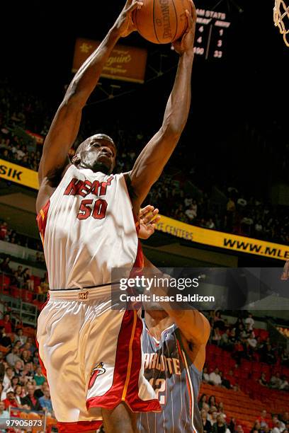 Joel Anthony of the Miami Heat grabs a rebound against the Charlotte Bobcats on March 20, 2010 at American Airlines Arena in Miami, Florida. NOTE TO...