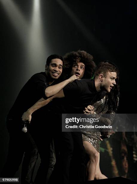 Danyl Johnson, Jamie Archer, Olly Murs and Lucie Jones perform during X Factor Live at O2 Arena on March 20, 2010 in London, England.