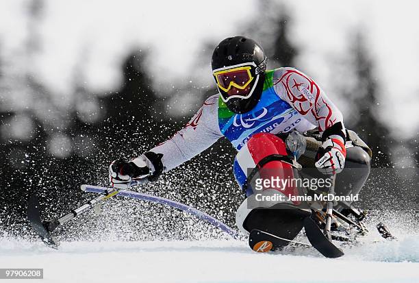 Yohann Taberlet of France competes in the Men's Sitting Super Combined Slalom during Day 9 of the 2010 Vancouver Winter Paralympics at Whistler...