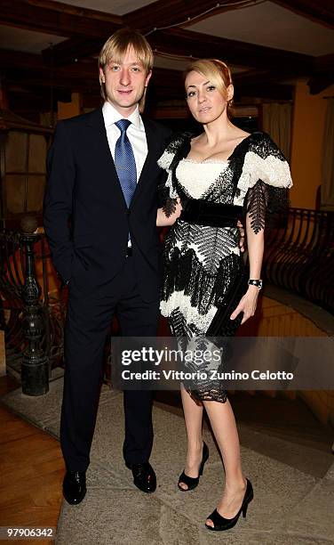 Silver medalist figure skater Evgeni Plushenko and his wife producer Yana Rudkovskaya attend the 5th World Stars Ski Event held at Grand Hotel...