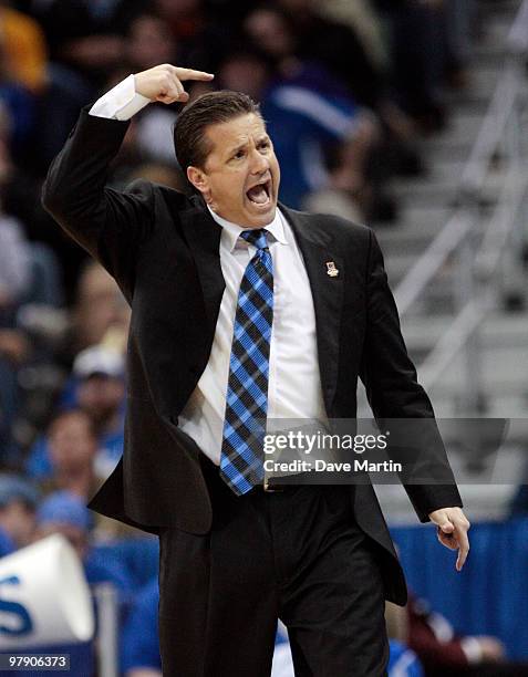 Coach John Calipari of the Kentucky Wildcats reacts during the second round of the 2010 NCAA men's basketball tournament against the Wake Forest...