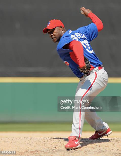 Jose Contreras of the Philadelphia Phillies pitches against the Detroit Tigers during a spring training game at Joker Marchant Stadium on March 20,...