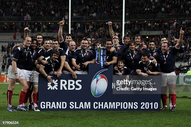 The French team celebrate with the trophy after winning the Grand Slam and the Championship during the RBS Six Nations Championship match between...