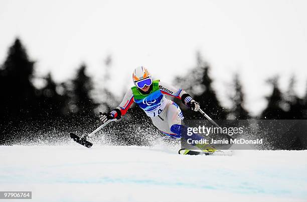 Katja Saarinen of Finland competes in the Women's Standing Super Combined Slalom during Day 9 of the 2010 Vancouver Winter Paralympics at Whistler...