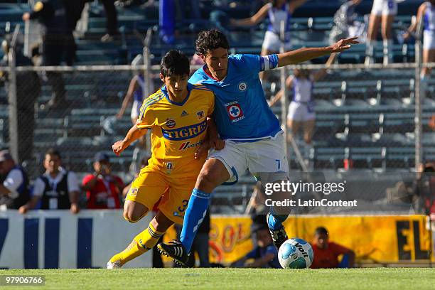 Cruz Azul's player Christian Riveros vies for the ball with Alan Pulido of Tigres during their match as part of the 2010 Bicentenario at the Azul...