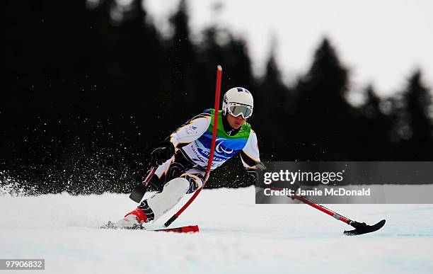 Katja Saarinen of Finland competes in the Women's Standing Super Combined Slalom during Day 9 of the 2010 Vancouver Winter Paralympics at Whistler...