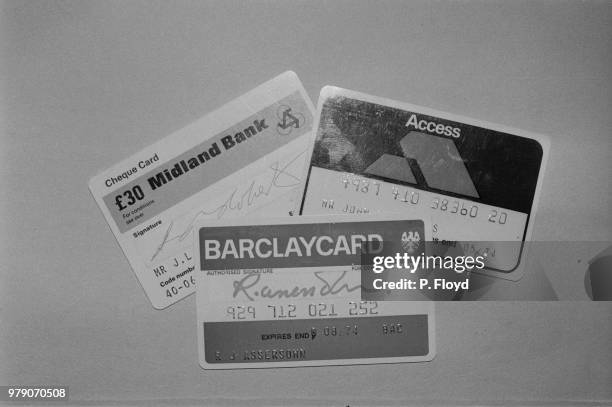 Three credit cards, from Midland Bank, Barclaycard and Access, UK, 16th March 1974.