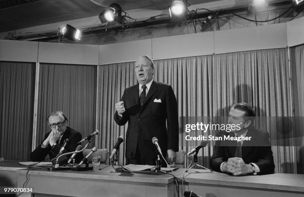 British Conservative Party politicians Peter Carington, Edward Heath , and Peter Walker, Baron Walker of Worcester at the Conservative Party...