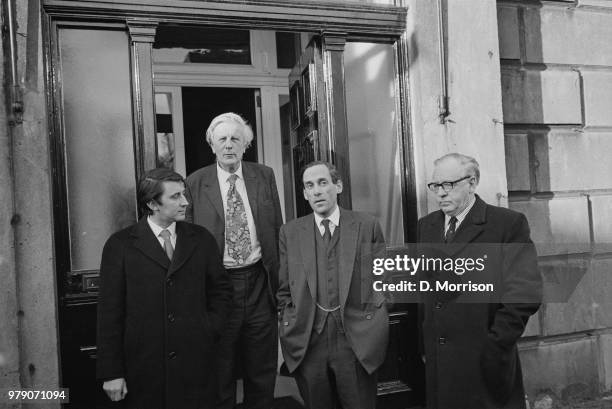 British Liberal Democrat politicians David Steel, Jo Grimond , Jeremy Thorpe , and Frank Byers , UK, 4th March 1974.