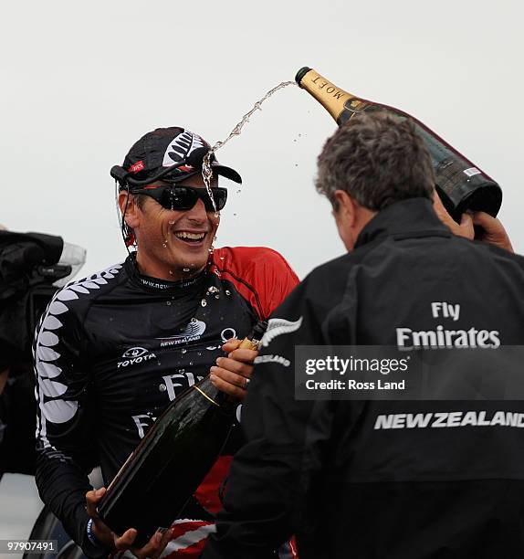 Emirates Team New Zealand skipper Dean Barker crossing the line ahead of Mascalzone Latino Audi Team from Italy to win the Louis Vuitton Trophy at...