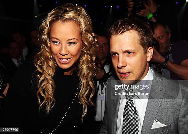 Oliver Pocher and Sandy Meyer Woelden are seen prior to the WBO Heavyweight World Championship fight between Wladimir Klitschko of Ukraine and Eddie...