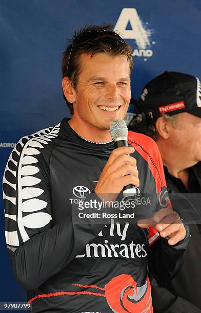 Emirates Team New Zealand Skipper Dean Barker speaks during the tropy presentation following his teams win over Mascalzone Latino Audi Team from...