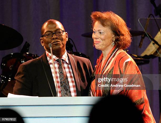 Producer Randy Jackson and Lonnie Ali speak onstage during Celebrity Fight Night XVI on March 20, 2010 at the JW Marriott Desert Ridge in Phoenix,...