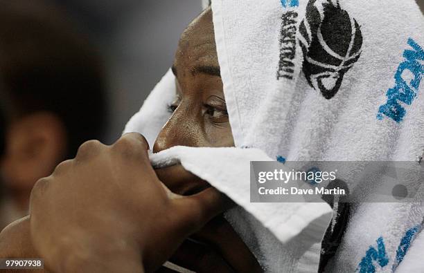 Al-Farouq Aminu of the Wake Forest Demon Deacons reacts to a 90-60 loss to the Kentucky Wildcats during the second round of the 2010 NCAA men's...