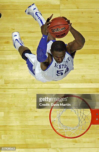 Patrick Patterson of the Kentucky Wildcats slams the ball during a 90-60 win over the Wake Forest Demon Deacons during the second round of the 2010...