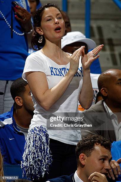 Actress Ashley Judd cheers for the Kentucky Wildcats during the game against the Wake Forest Demon Deacons during the second round of the 2010 NCAA...