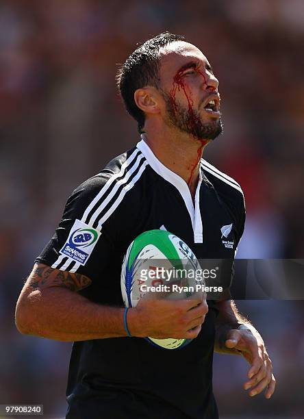 Zar Lawrence of New Zealand runs in to score a try as he is bleeding from the eye during the match between New Zealand and Samoa and during day three...