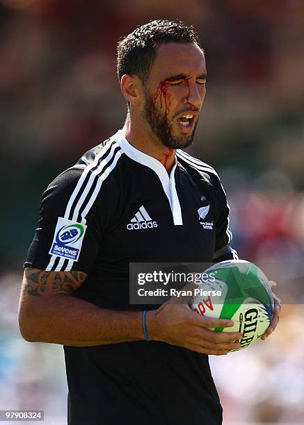 Zar Lawrence of New Zealand runs in to score a try as he is bleeding from the eye during the match between New Zealand and Samoa and during day three...