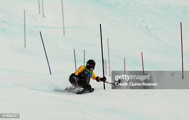 Anna Schaffelhuber of Germany competes in the Women's Sitting Super Combined Slalom during Day 9 of the 2010 Vancouver Winter Paralympics at Whistler...