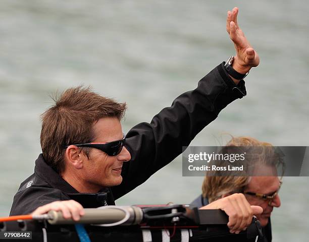 Emirates Team New Zealand Skipper Dean Barker waves to supporters following their teams win over Mascalzone Latino Audi Team from Italy to win the...