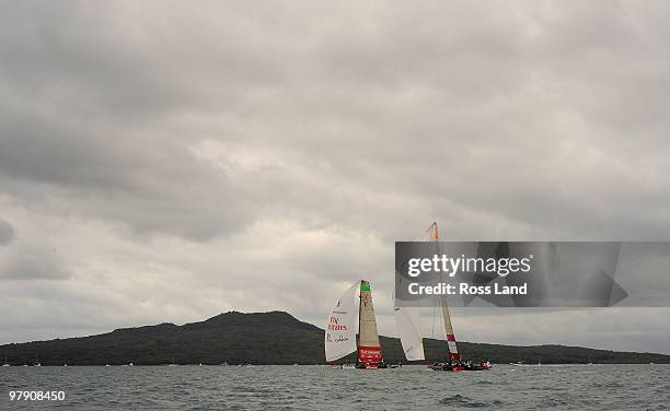 Emirates Team New Zealand head Mascalzone Latino Audi Team from Italy to the finish line to win the Louis Vuitton Trophy finals series at Waitemata...