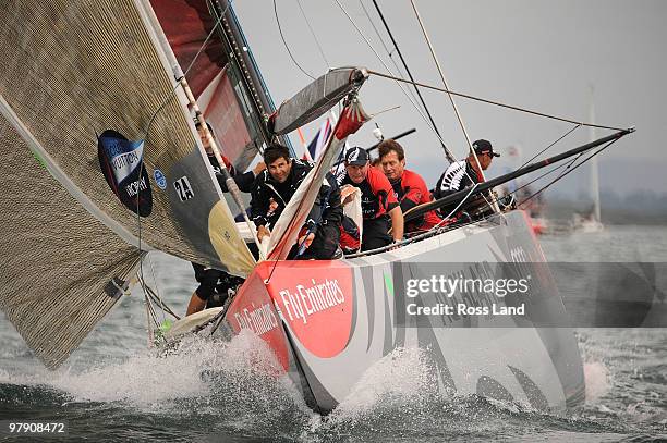 Emirates Team New Zealand crew Jeremy Lomas, CEO Grant Dalton, Tony Rae and Jeremy Dagg in action against Mascalzone Latino Audi Team from Italy...