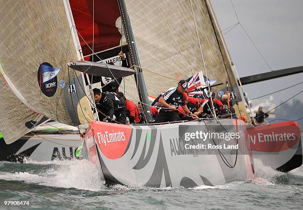 Emirates Team New Zealand head Mascalzone Latino Audi Team from Italy around the top mark during race two of the Louis Vuitton Trophy finals series...