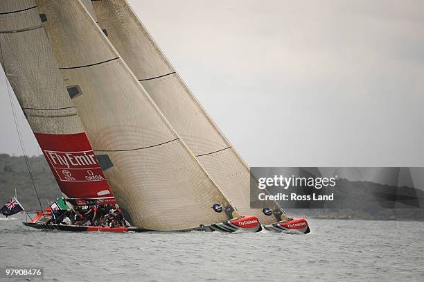 Emirates Team New Zealand head Mascalzone Latino Audi Team from Italy to the top mark during race two of the Louis Vuitton Trophy finals series at...