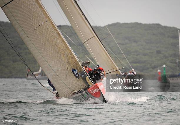 Emirates Team New Zealand head Mascalzone Latino Audi Team from Italy to the top mark during the Louis Vuitton Trophy finals series at Waitemata...