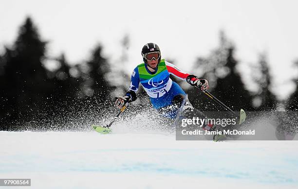 Allison Jones of USA competes in the Women's Standing Super Combined Slalom during Day 9 of the 2010 Vancouver Winter Paralympics at Whistler...