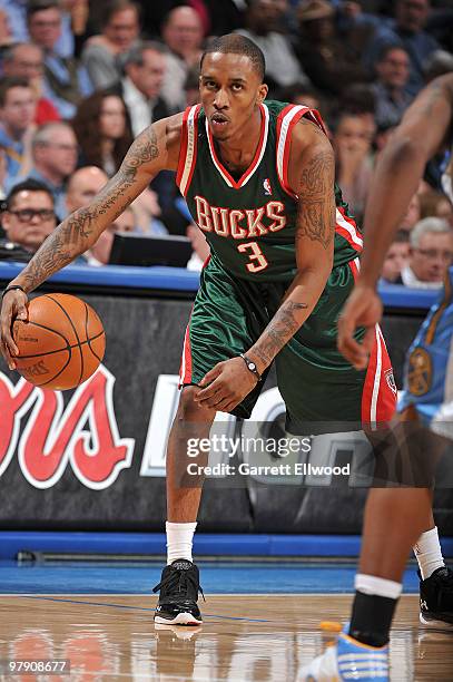 Brandon Jennings of the Milwaukee Bucks goes to the basket against the Denver Nuggets on March 20, 2010 at the Pepsi Center in Denver, Colorado. NOTE...