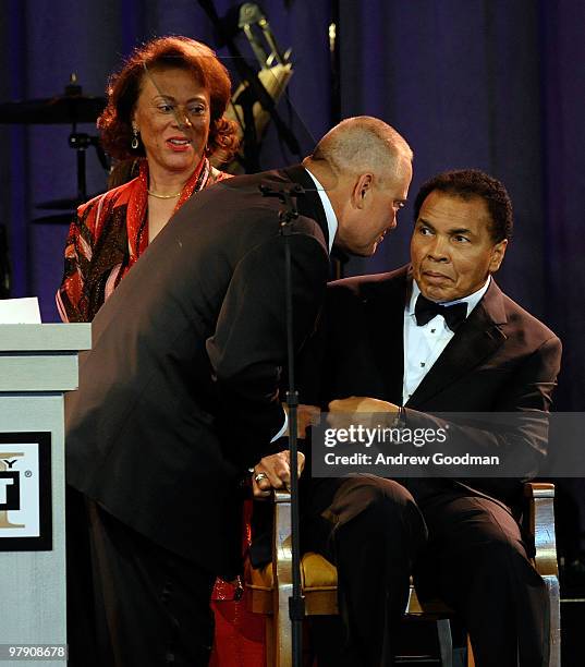 Lonnie Ali, CEO and founder of GoDaddy.com Bob Parsons, and Muhammad Ali speak onstage during Celebrity Fight Night XVI on March 20, 2010 at the JW...