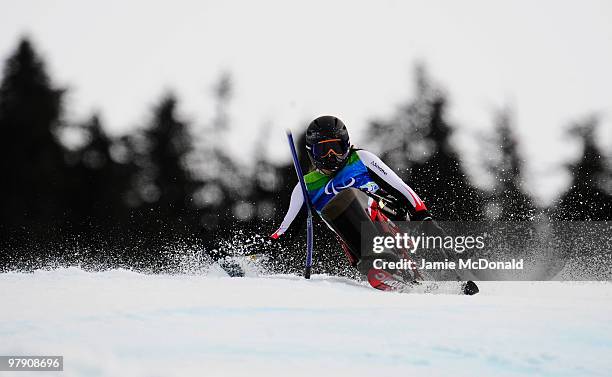 Claudia Loesch of Austria competes in the Women's Sitting Super Combined Slalom during Day 9 of the 2010 Vancouver Winter Paralympics at Whistler...