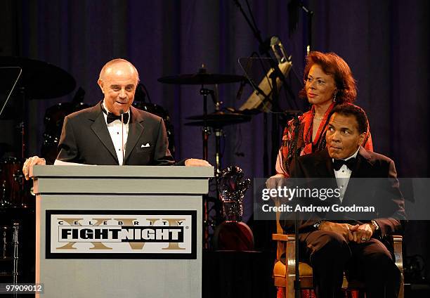 Joe Cinque, Lonnie Ali, and Muhammad Ali onstage during Celebrity Fight Night XVI on March 20, 2010 at the JW Marriott Desert Ridge in Phoenix,...